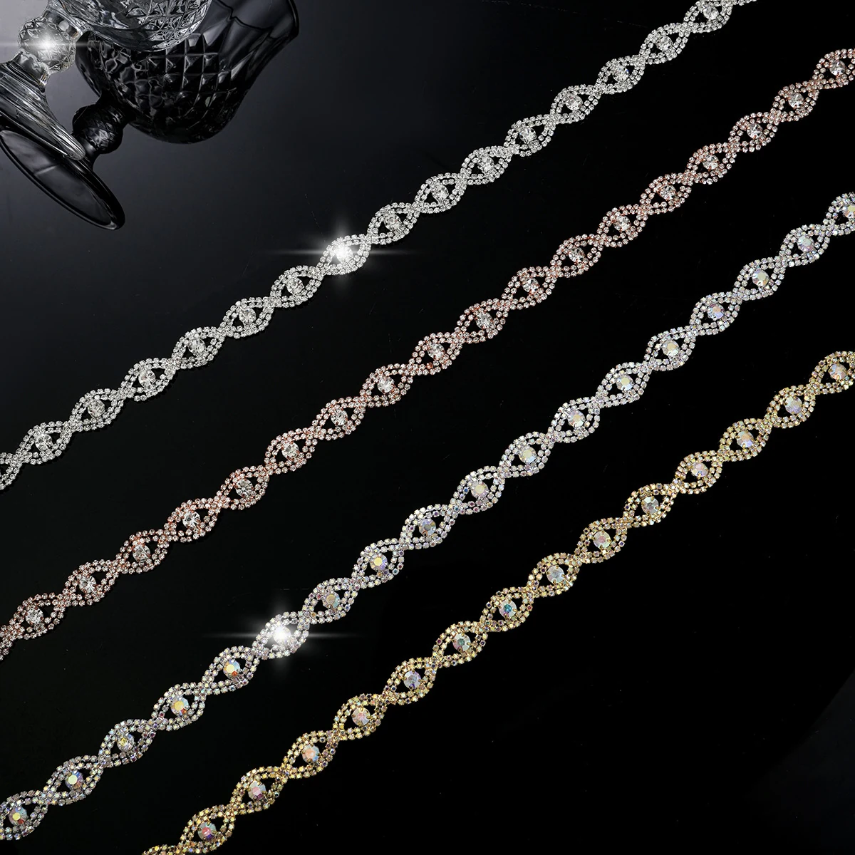 Infinity rhinestone chain in silver AB gold and rose-gold finishes