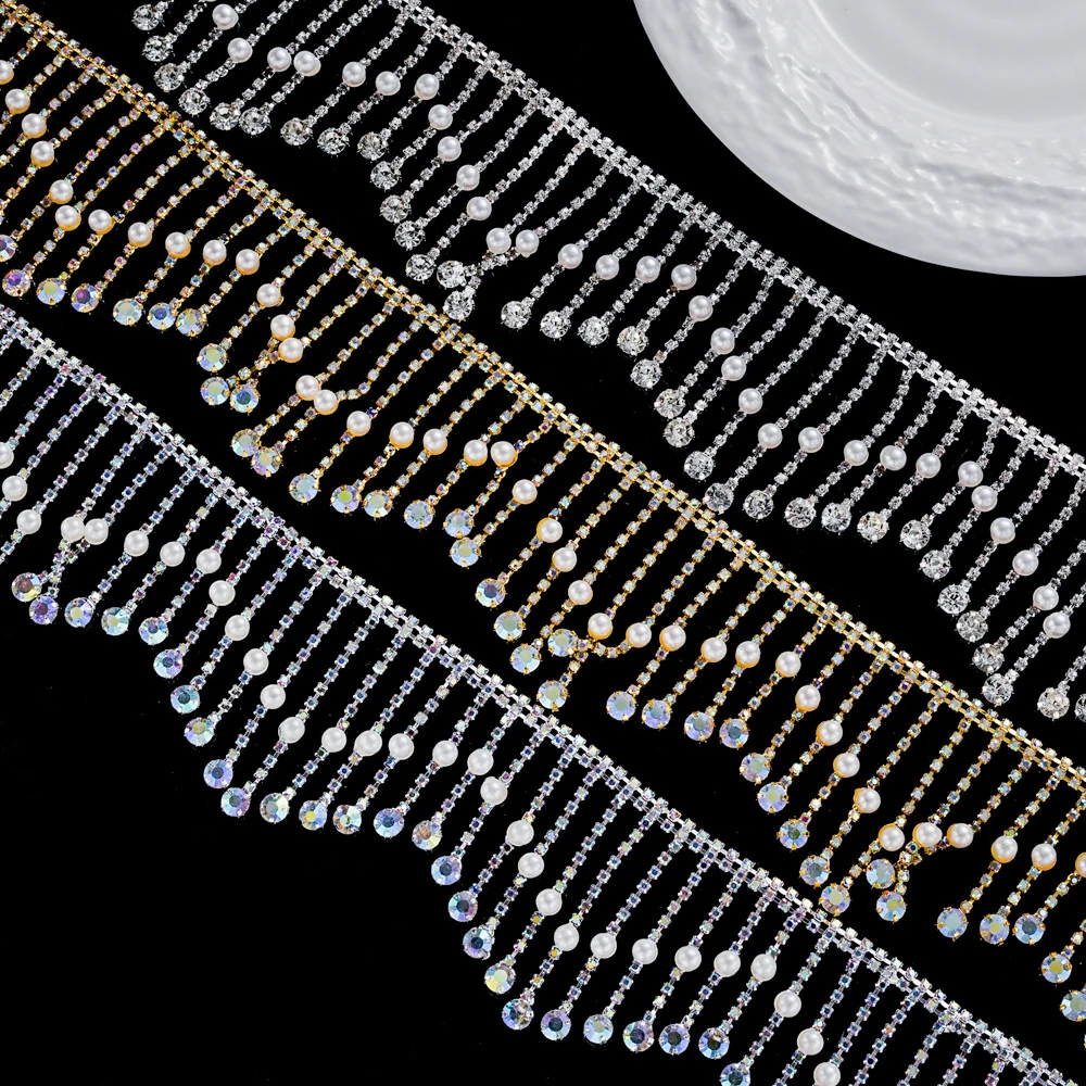 Wide pearl drop rhinestone fringe in silver and AB finishes