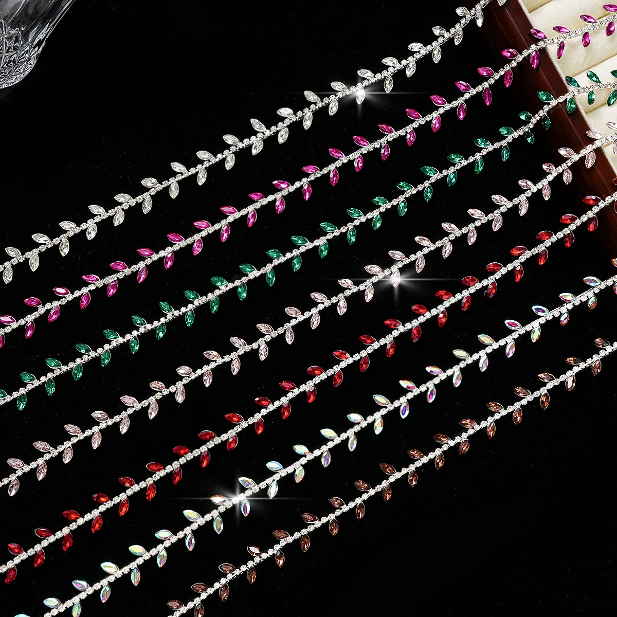 All-copper marquise leaf rhinestone chain in seven colors