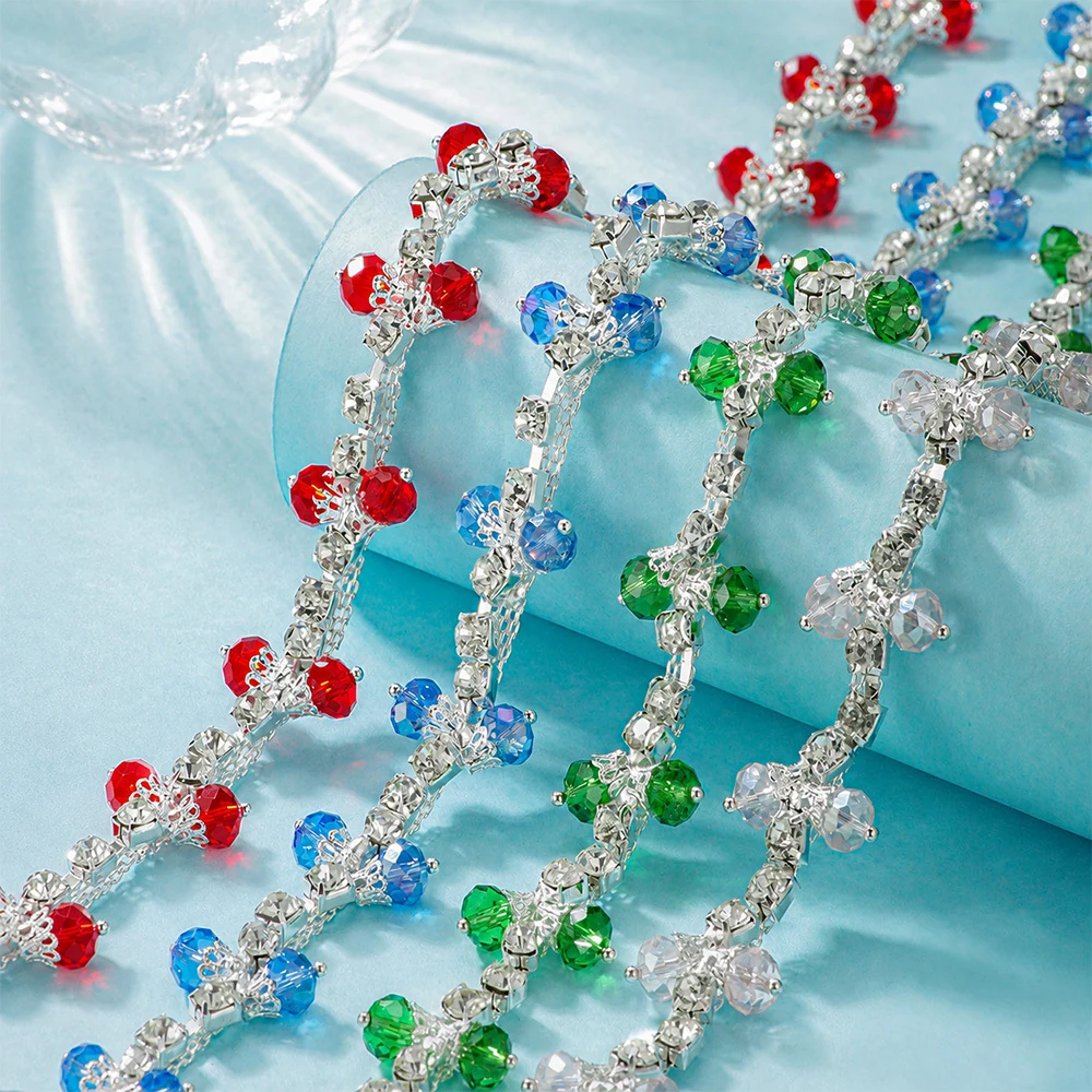 Floral rhinestone chain with round faceted beads in six colors