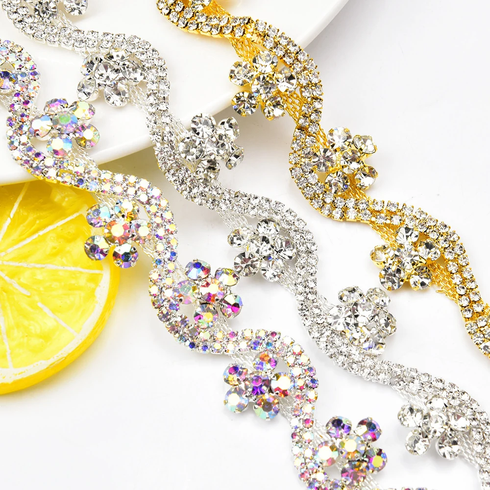 S-shaped sunflower rhinestone chain in three silver and gold finishes