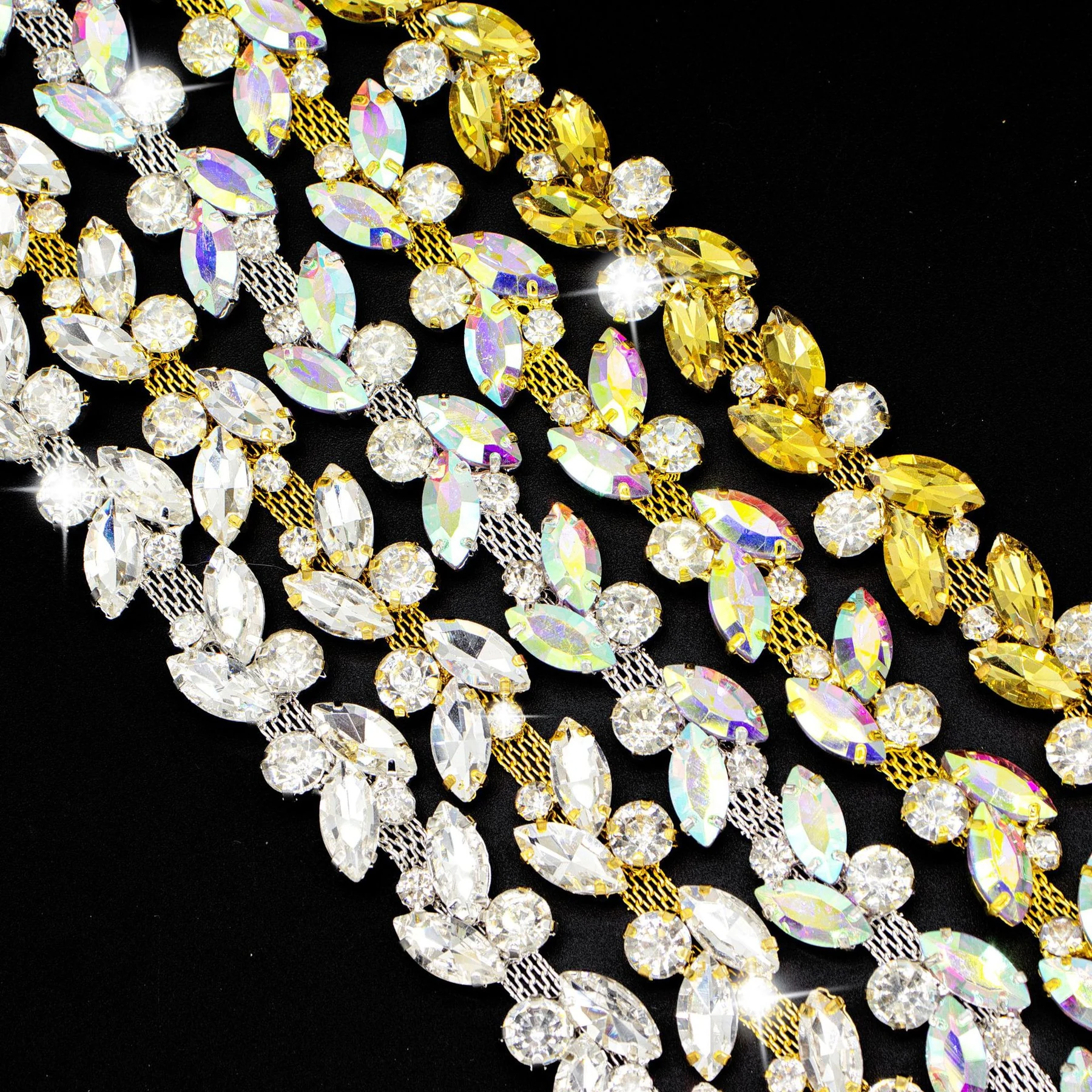 Sparse and dense marquise cluster rhinestone chains in seven finishes