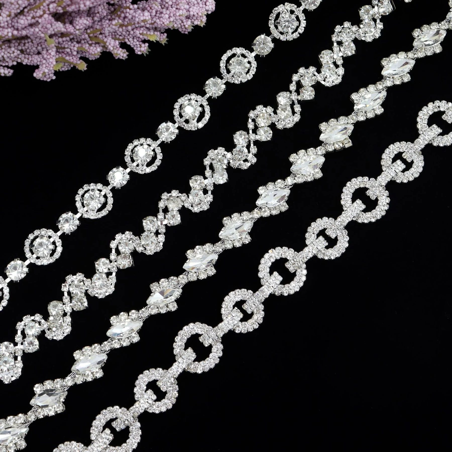 Four silver rhinestone chain patterns in circle S and marquise constructions