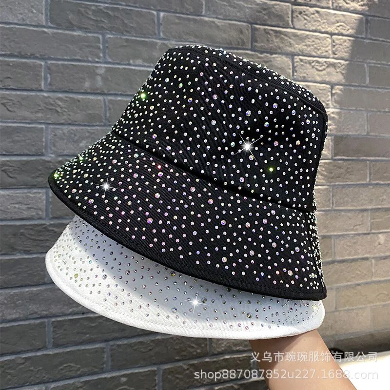 Allover rhinestone bucket hat in white pink black green and caramel options