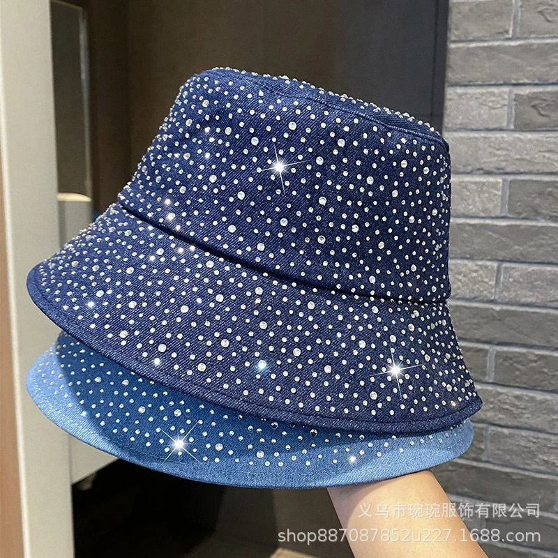Denim rhinestone bucket hat in light medium and dark blue washes