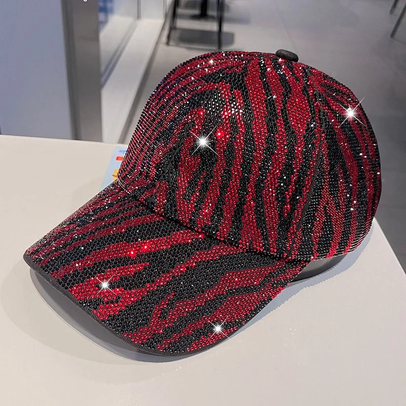 Zebra pattern rhinestone baseball cap in five crystal color treatments
