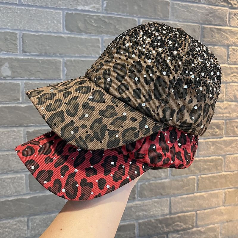 Leopard print rhinestone baseball cap in red black coffee khaki and beige