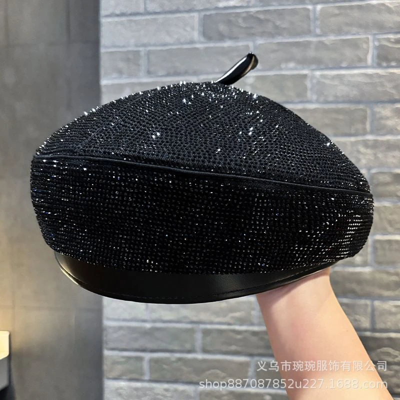 Full Rhinestone PU Leather Beret product image 5