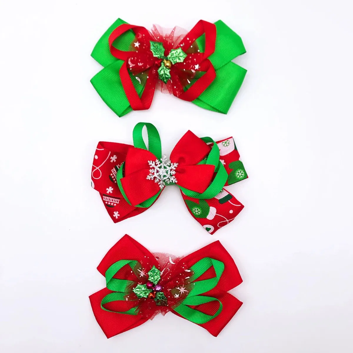 Red and green Christmas holly and stocking ribbon bow hair clips