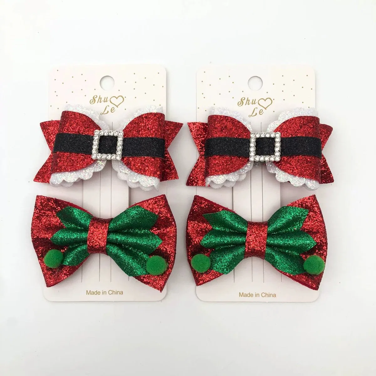 Christmas Santa-belt and holly glitter ribbon bow hair clips