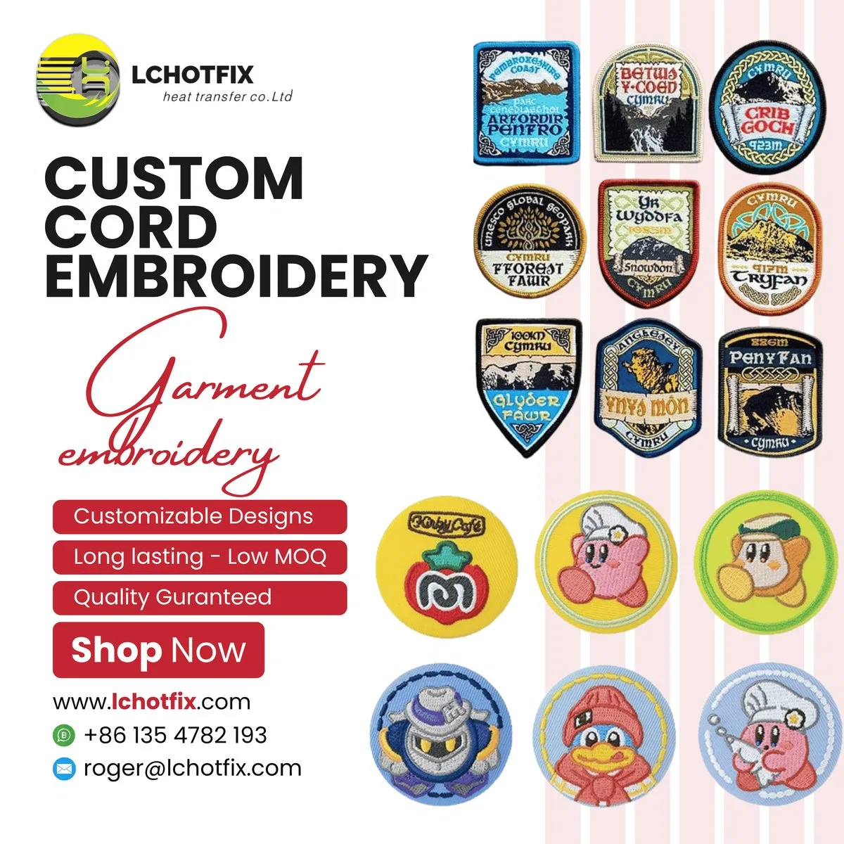 Custom embroidered fabric patches arranged for size and placement review